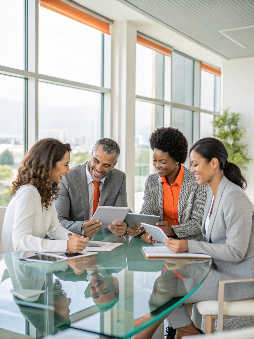 International legal and financial advisors collaborating over contracts in a conference room