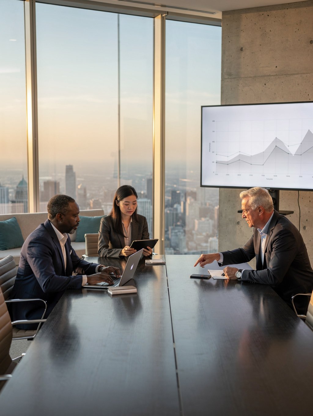 Orvela Holdings partners reviewing cross-border advisory briefs in a wood-panelled meeting room